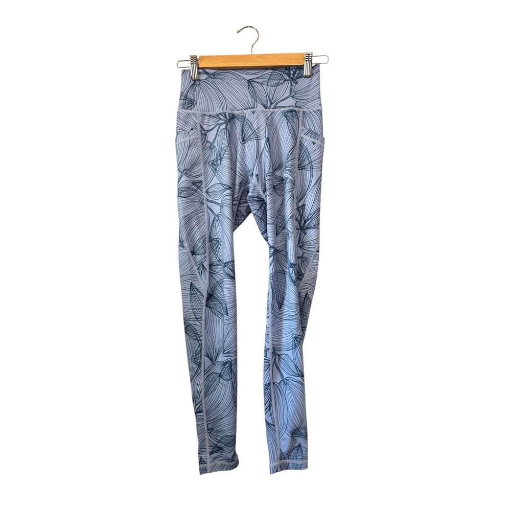 Buffbunny Leggings Womens Small Blue Leaf Print Excellent High Waisted Pockets